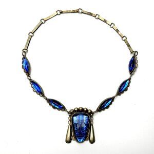 Sterling Silver & Blue Glass Aztec Warrior Necklace from Mexico — Vintage — 19"